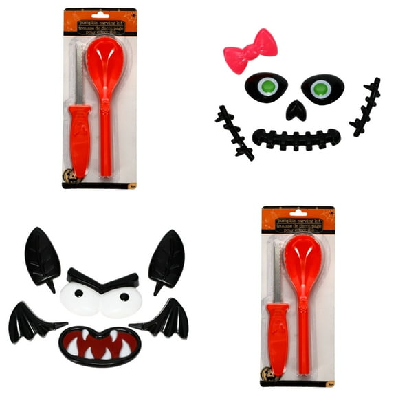 IOS Halloween Essentials Jumbo Plastic Pumpkin Carving Kits and Bat, Skull, Witch, and Frankenstein Decorating Tools For Haunted House Parties, Celebrations, and Trick or Treating Events(4 packs/set)