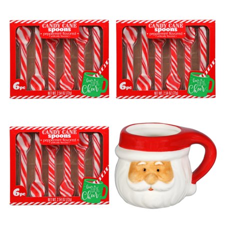IOS Holiday Christmas 3 Boxes Peppermint Edible Candy Cane Spoons (Bundle With Tsokolateng Inumin) And Dolomite Santa Claus Mug, 10 oz. (19pcs/set)