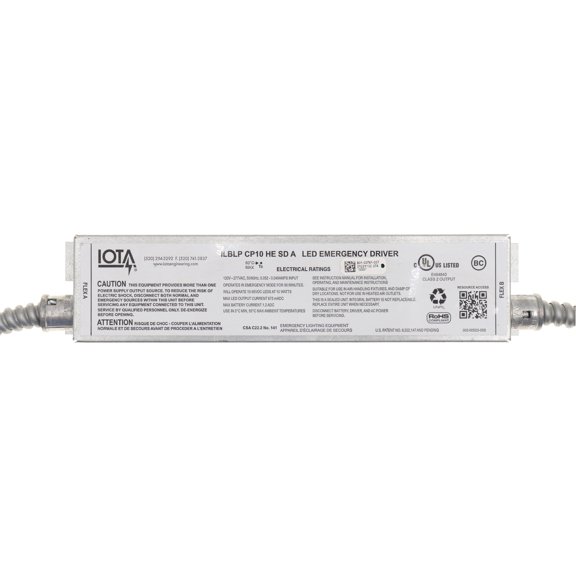 IOTA ILBLP CP10 HE SD A M9 Low Profile (Lithium) LED Emergency Driver, Constant Power 10W Output, High Efficiency (Meets CA T20 Efficiency Requirement), Self Diagnostic, Dual Flexible Metal Conduit