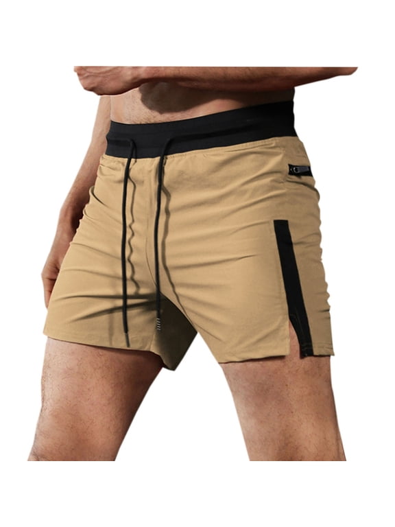 Running Shorts for Men Athletic Casual Solid Drawstring Elastic Zip Up Side Slit 5" Biker Short Pants with Pockets