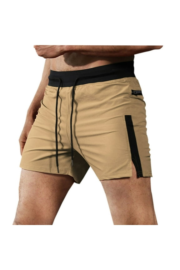 Running Shorts for Men Athletic Casual Solid Drawstring Elastic Zip Up Side Slit 5" Biker Short Pants with Pockets