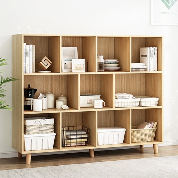 IOTXY Freestanding Wooden Low Bookcase - 3 Ties 11 Cubes Open Storage Cabinet with Legs Oak