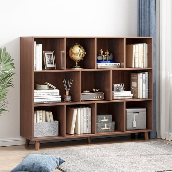 IOTXY Freestanding Wooden Low Bookcase - 3 Ties 11 Cubes Open Storage Cabinet with Legs Walnut