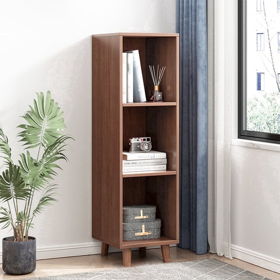 IOTXY Freestanding Wooden Low Bookcase - 3 Ties 3 Cubes Open Storage Cabinet with Legs Walnut
