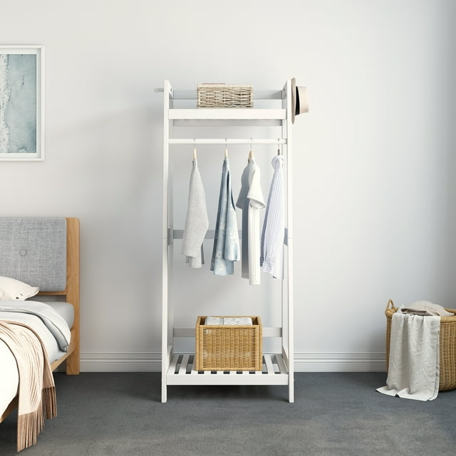 IOTXY Open Solid Wood Garment Rack with Shelves White Free Standing