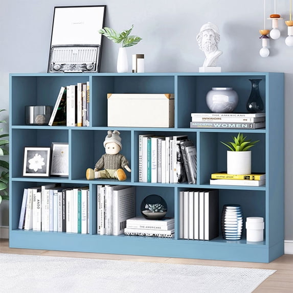 IOTXY Simple Bookcase with Base - 3 Tier 10 Cubes Freestanding Low Display Cabinet, Bright Blue