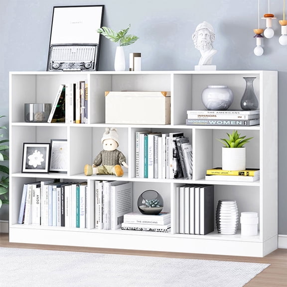 IOTXY Simple Bookcase with Base - 3 Tier 10 Cubes 55" wide Freestanding Low Display Cabinet, Warm White