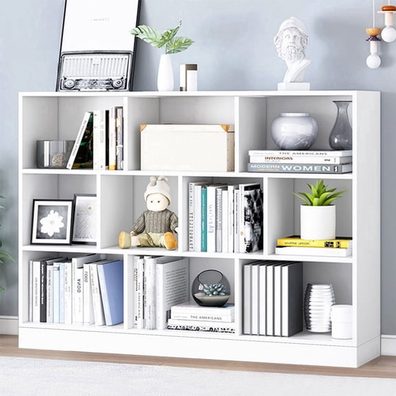 IOTXY Simple Bookcase with Base - 3 Tier 10 Cubes Freestanding Low Display Cabinet, Warm White