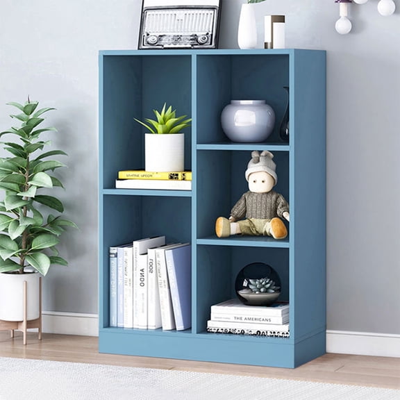 IOTXY Simple Bookcase with Base - 3 Tier 5 Cubes Freestanding Low Display Cabinet, Bright Blue