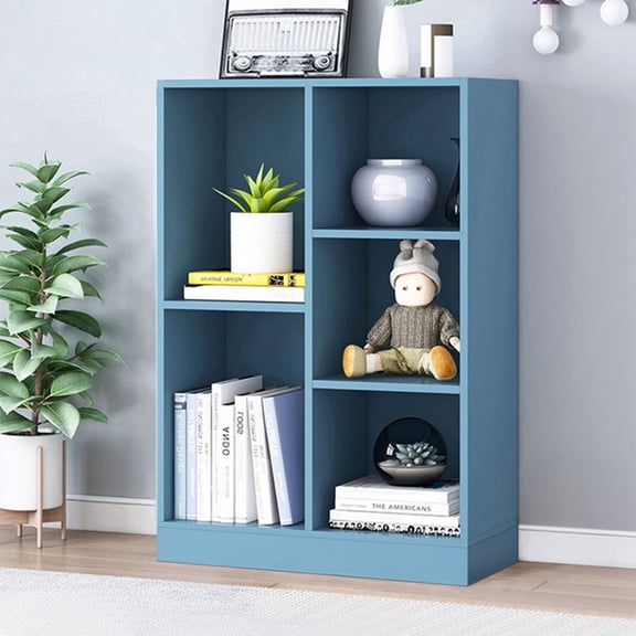 IOTXY Simple Bookcase with Base - 3 Tier 5 Cubes Freestanding Low Display Cabinet, Bright Blue
