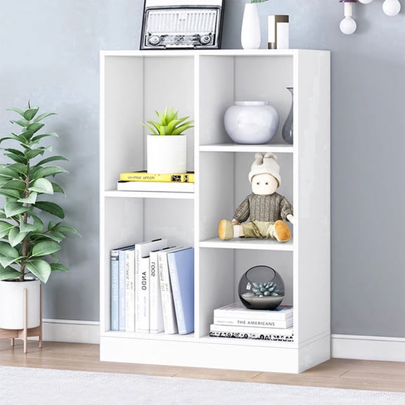 IOTXY Simple Bookcase with Base - 3 Tier 5 Cubes 19.7" wide Freestanding Low Display Cabinet, Warm White
