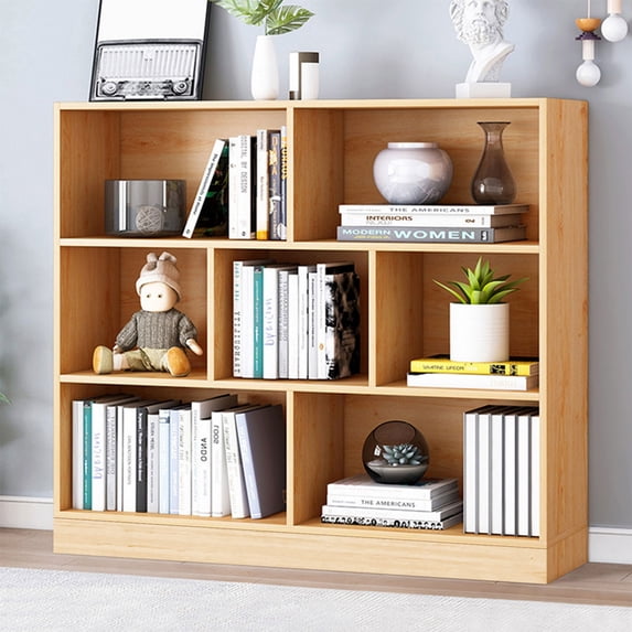 IOTXY Simple Bookcase with Base - 3 Tier 7 Cubes Freestanding Low Display Cabinet, Pear Yellow