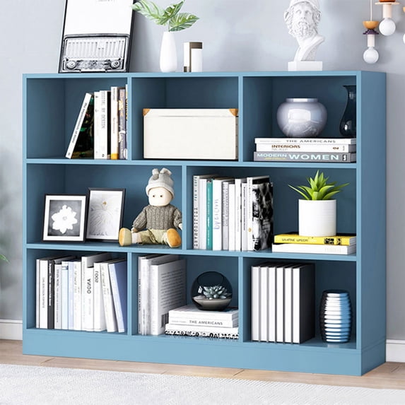 IOTXY Simple Bookcase with Base - 3 Tier 8 Cubes Freestanding Low Display Cabinet, Bright Blue
