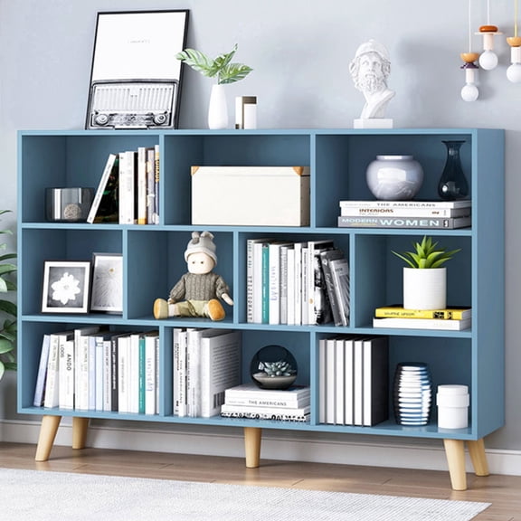 IOTXY Simple Bookcase with Legs - 3 Tier 10 Cubes Freestanding Low Display Cabinet, Bright Blue
