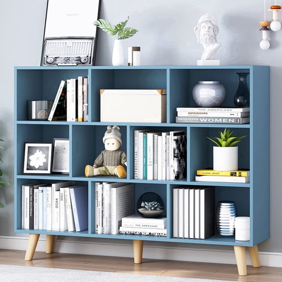 IOTXY 3 Tier 10 Cubes 47.2 Inch Wide Bookcase Display Cabinet with Legs, Bright Blue