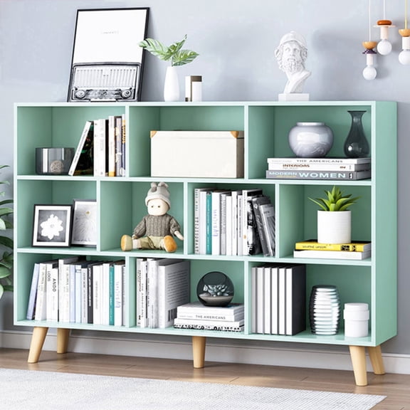 IOTXY Simple Bookcase with Legs - 3 Tier 10 Cubes Freestanding Low Display Cabinet, Mint Green
