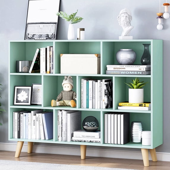 IOTXY Simple Bookcase with Legs - 3 Tier 10 Cubes Freestanding Low Display Cabinet, Mint Green