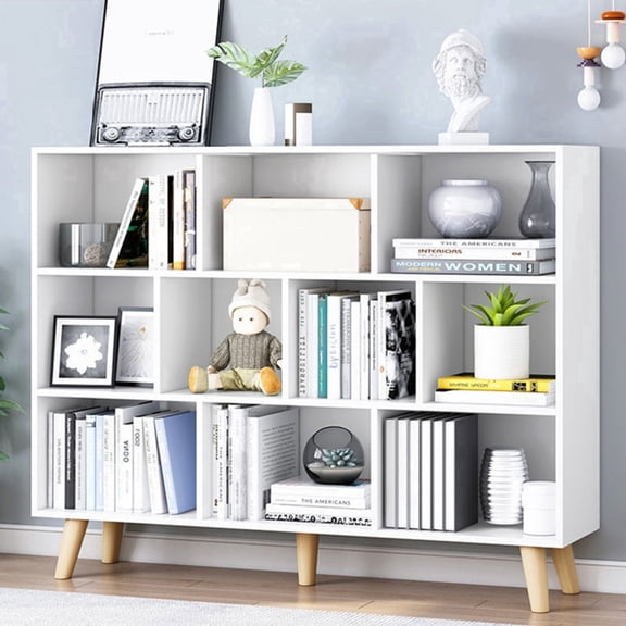 IOTXY Simple Bookcase with Legs - 3 Tier 10 Cubes 47.2" wide Freestanding Low Display Cabinet, Warm White
