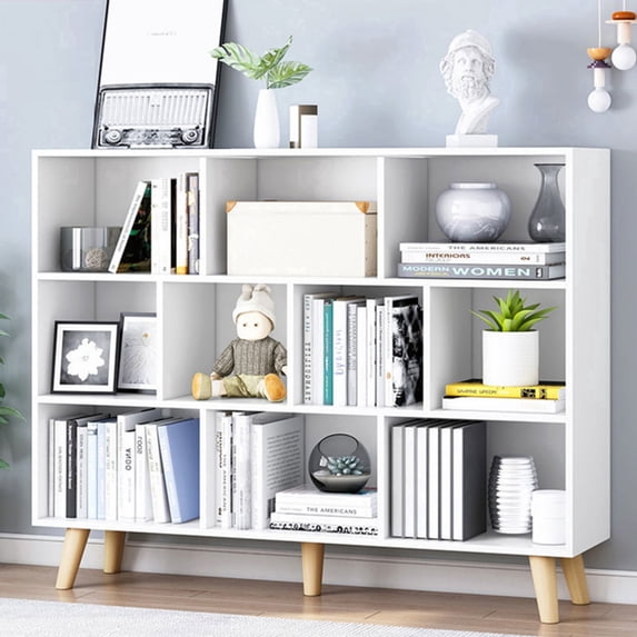 IOTXY Simple Bookcase with Legs - 3 Tier 10 Cubes Freestanding Low Display Cabinet, Warm White