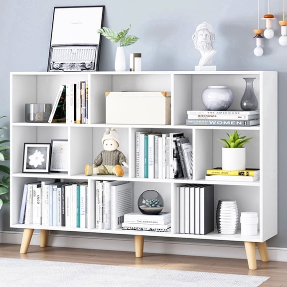 IOTXY Simple Bookcase with Legs - 3 Tier 10 Cubes Freestanding Low Display Cabinet, Warm White