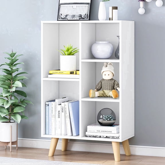 IOTXY Simple Bookcase with Legs - 3 Tier 5 Cubes 19.7" wide Freestanding Low Display Cabinet, Warm White
