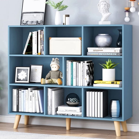 IOTXY Simple Bookcase with Legs - 3 Tier 8 Cubes Freestanding Low Display Cabinet, Bright Blue