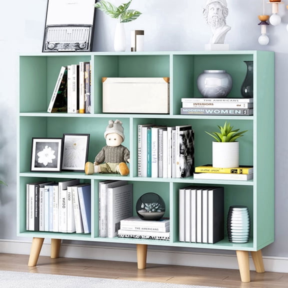 IOTXY Simple Bookcase with Legs - 3 Tier 8 Cubes Freestanding Low Display Cabinet, Mint Green