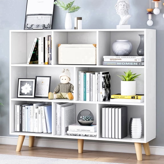 IOTXY Simple Bookcase with Legs - 3 Tier 8 Cubes Freestanding Low Display Cabinet, Warm White