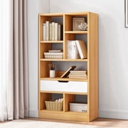 IOTXY Wooden Open Display Bookcase - 51" Height 7 Cubes Freestanding Storage Bookshelf with Drawer, Maple Yellow
