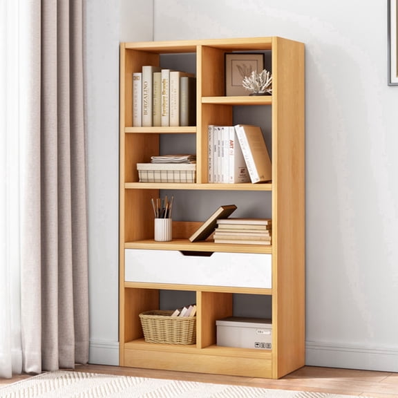 IOTXY Wooden Open Display Bookcase - 51" Height 7 Cubes Freestanding Storage Bookshelf with Drawer, Maple Yellow