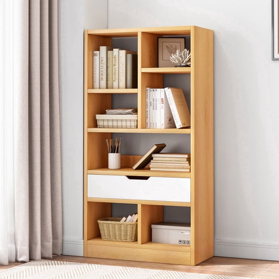 IOTXY Wooden Open Display Bookcase - 51" Height 7 Cubes Freestanding Storage Bookshelf with Drawer, Maple Yellow