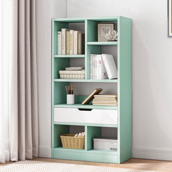 IOTXY Wooden Open Display Bookcase - 51" Height 7 Cubes Freestanding Storage Bookshelf with Drawer, Mint Green