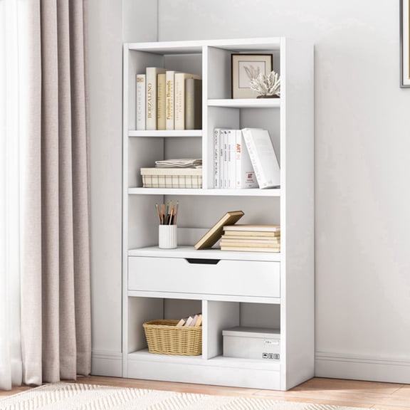 IOTXY Wooden Open Display Bookcase - 51" Height 7 Cubes Freestanding Storage Bookshelf with Drawer, Warm White