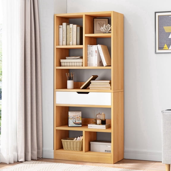 IOTXY Wooden Open Display Bookcase - 61" Height 8 Cubes Freestanding Storage Bookshelf with Drawer, Maple Yellow