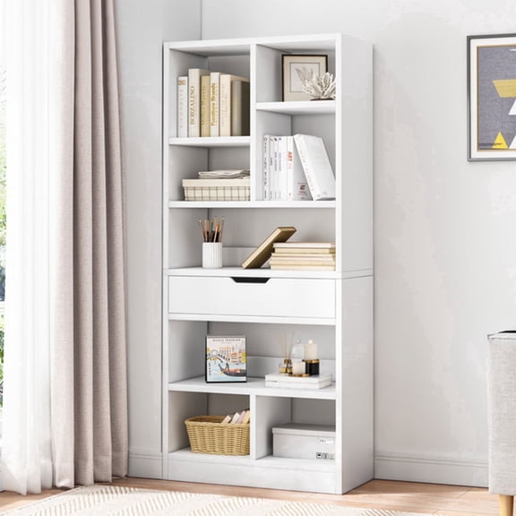 IOTXY Wooden Open Display Bookcase - 61" Height 8 Cubes Freestanding Storage Bookshelf with Drawer, Warm White