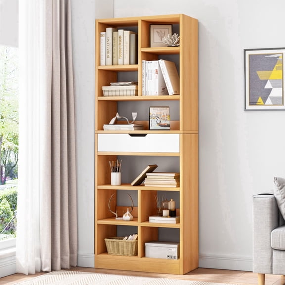 IOTXY Wooden Open Display Bookcase - 71" Height 10 Cubes Freestanding Storage Bookshelf with Drawer, Maple Yellow