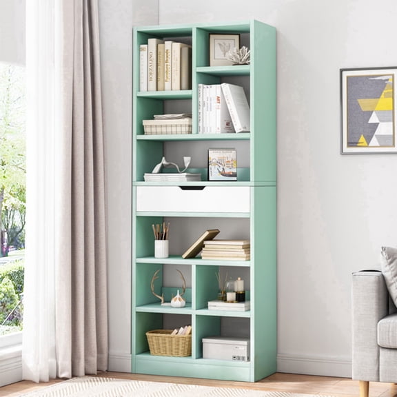 IOTXY Wooden Open Display Bookcase - 71" Height 10 Cubes Freestanding Storage Bookshelf with Drawer, Mint Green