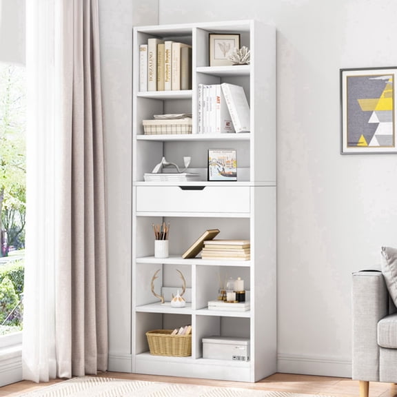 IOTXY Wooden Open Display Bookcase - 71" Height 10 Cubes Freestanding Storage Bookshelf with Drawer, Warm White