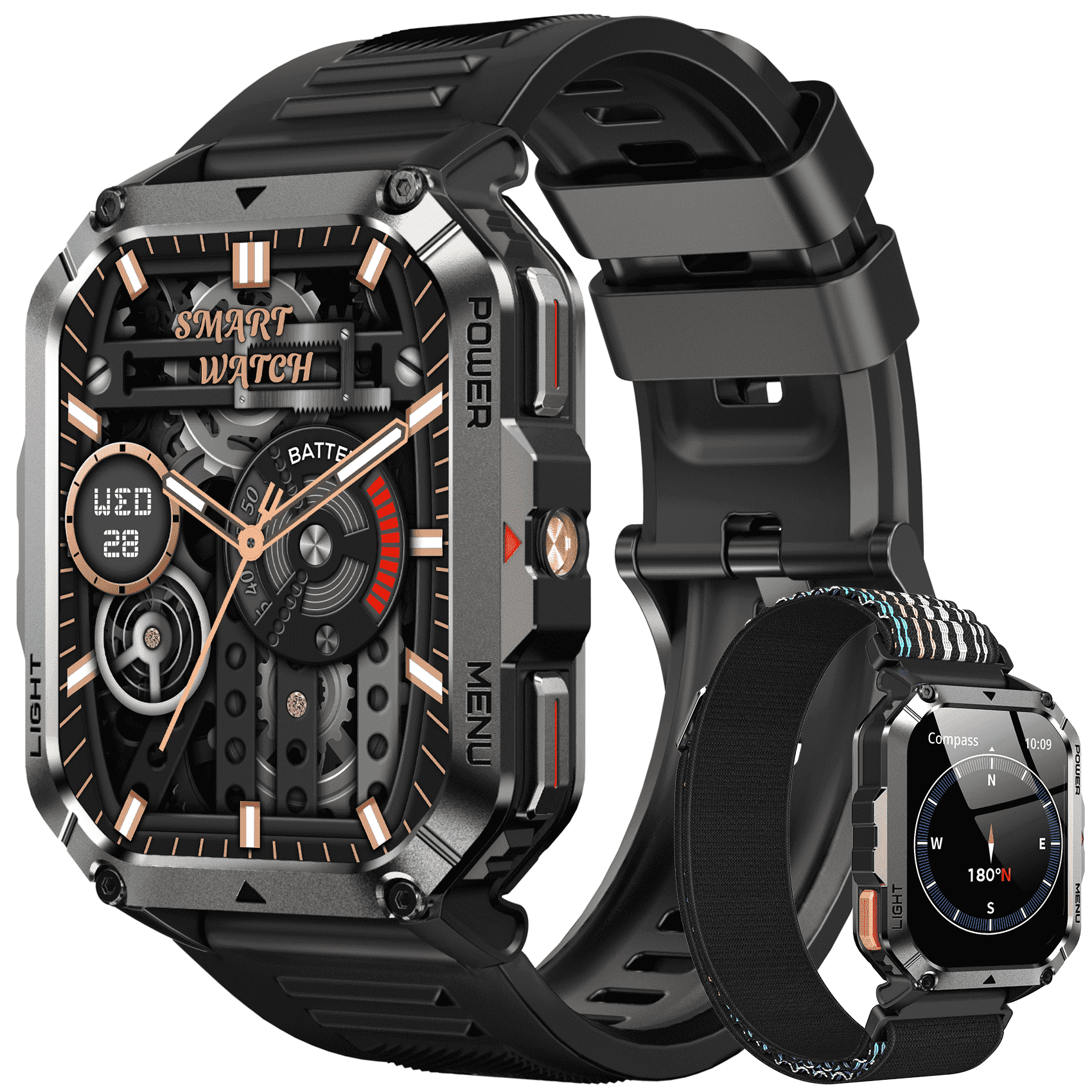 IOWODO 2.01'' Military Smart Watch for Men with Bluetooth Calling, Fitness Tracker, 100+ Sport Modes, Flashlight, 1ATM Waterproof, Mountain Travel Pedometer Watch fits for Android and Iphone (Black)