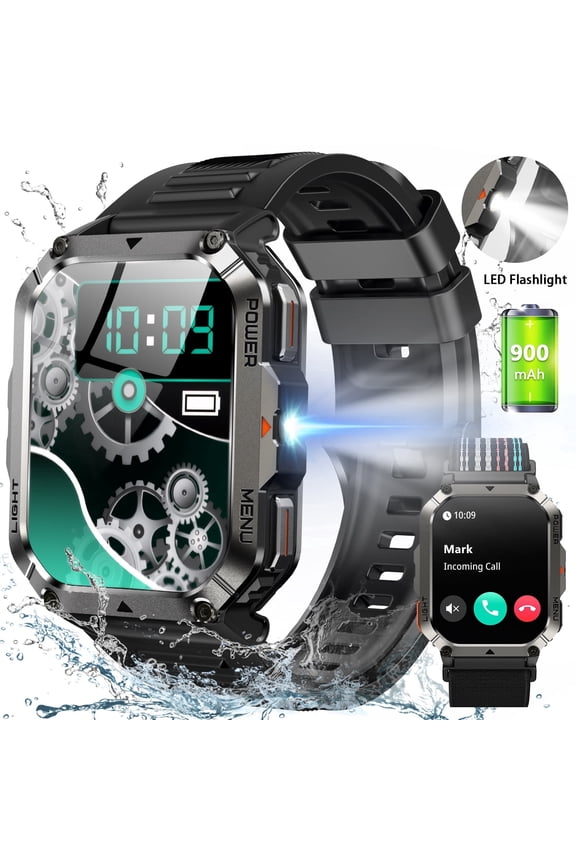 2.01-inch Men Military Smart Watch, with Fitness Tracker/ Answer Make Calls /100+ Sport Modes/1ATM Waterproof, Mountain Travel Pedometer Watch fits for Android and Iphone Devices (Black)