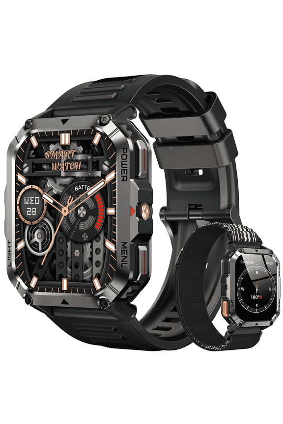 2.01'' Military Smart Watch for Men with Bluetooth Calling, Fitness Tracker, 100+ Sport Modes, Flashlight, 1ATM Waterproof, Mountain Travel Pedometer Watch fits for Android and Iphone (Black)
