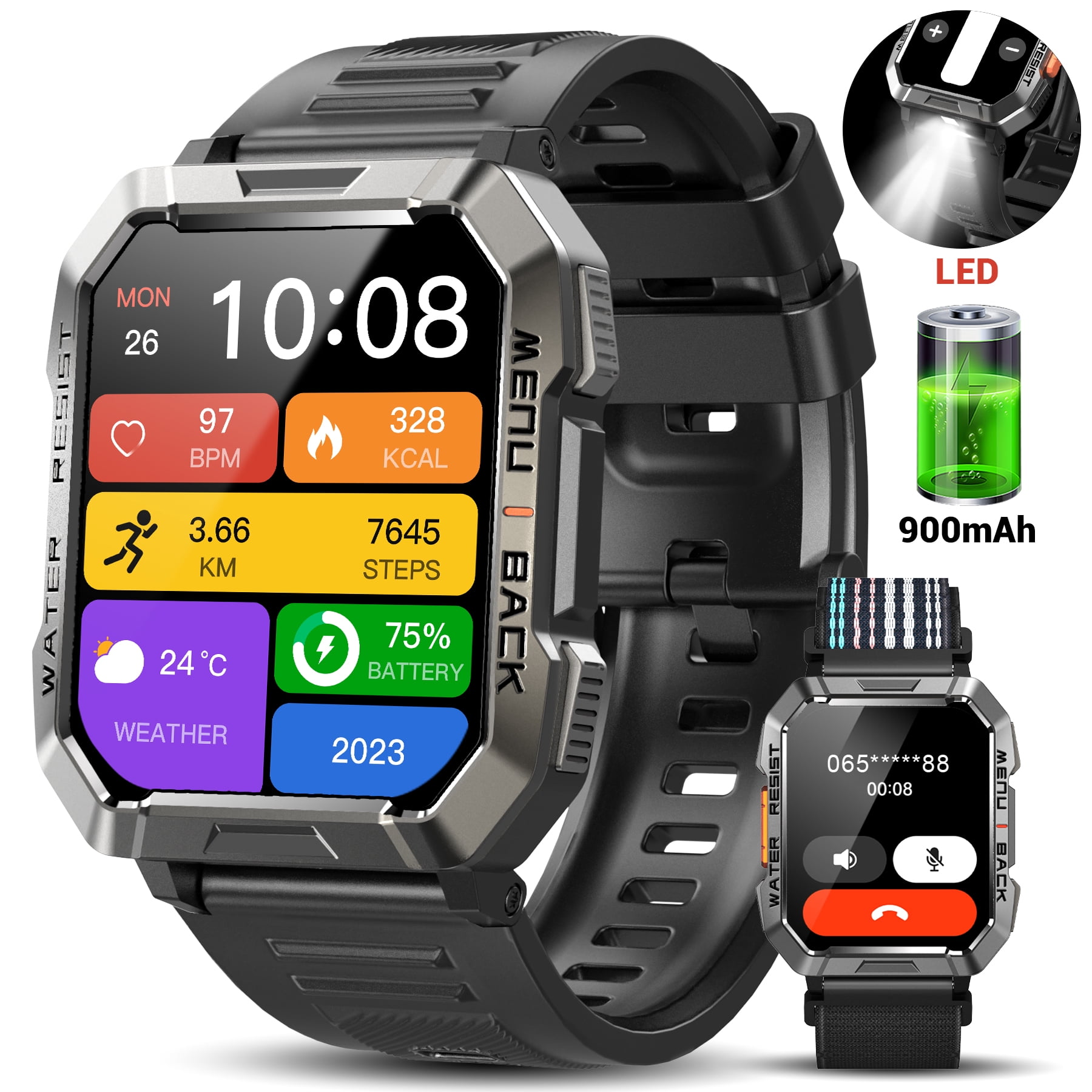 IOWODO 2.01-inch Military Smartwatch for Men with Fitness Tracker ...