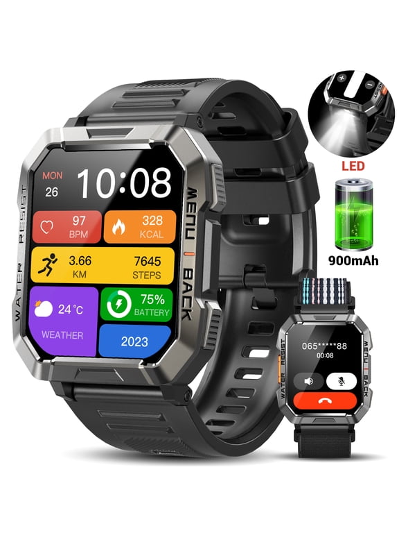 2.01-inch Military Smartwatch for Men with Fitness Tracker, Answer/Make Calls/100+ Sport Modes, 1ATM Waterproof, Outdoor Sports Pedometer Watch fits with Android IPhone Devices (Black)