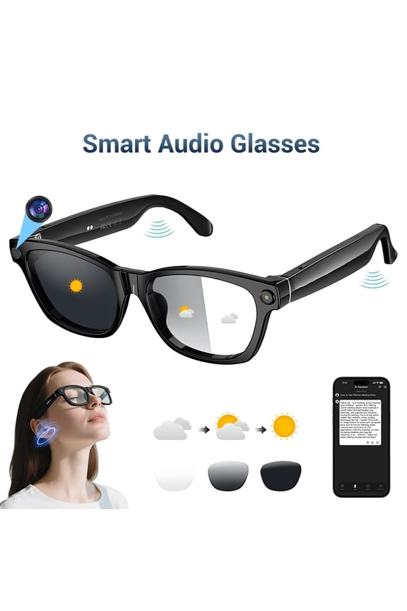 IOWODO AI Smart Glasses with 1080P Camera & Polarized Lenses, Built-in Voice Assistant, Real-Time Translation, Photo/Video Recording - Compatible with ChatGPT (Photochromic lenses)
