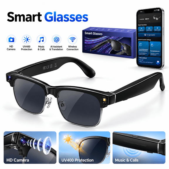 IOWODO AI Smart Glasses with Camera, 8MP HD Photo & 1200P Video Recording, Bluetooth Sunglasses with AI Translation, Hands-Free Calls, WiFi, Black