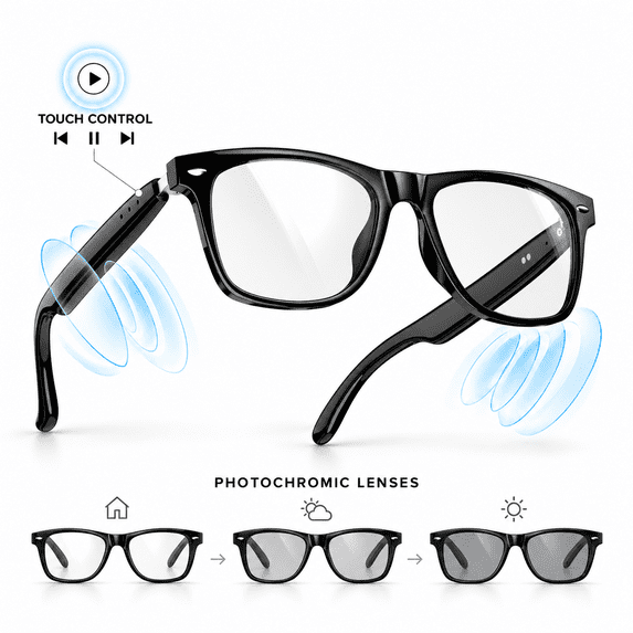 IOWODO Bluetooth Smart Glasses for Women Men, Open Ear Audio glasses, Hands-Free Calls, Voice Assistant, UV & Blue Light Lens, White