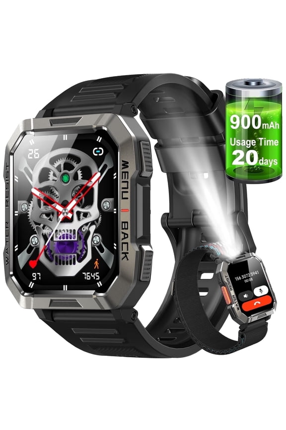 Rugged Smart Watch for Men, 2.01" HD Display Bluetooth Calling Smartwatch with 900mAh Battery, Flashlight, Compass, 100+ Sports Modes, Metal Design Watch for Android iPhone