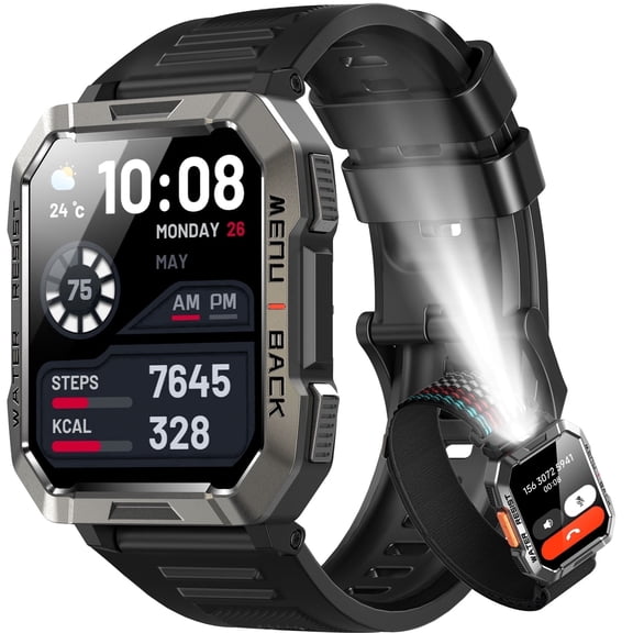 IOWODO 2.01-inch Military Smartwatch for Men with Fitness Tracker, Answer/Make Calls/100+ Sport Modes, 1ATM Waterproof, Outdoor Sports Pedometer Watch fits with Android IPhone Devices (Black)