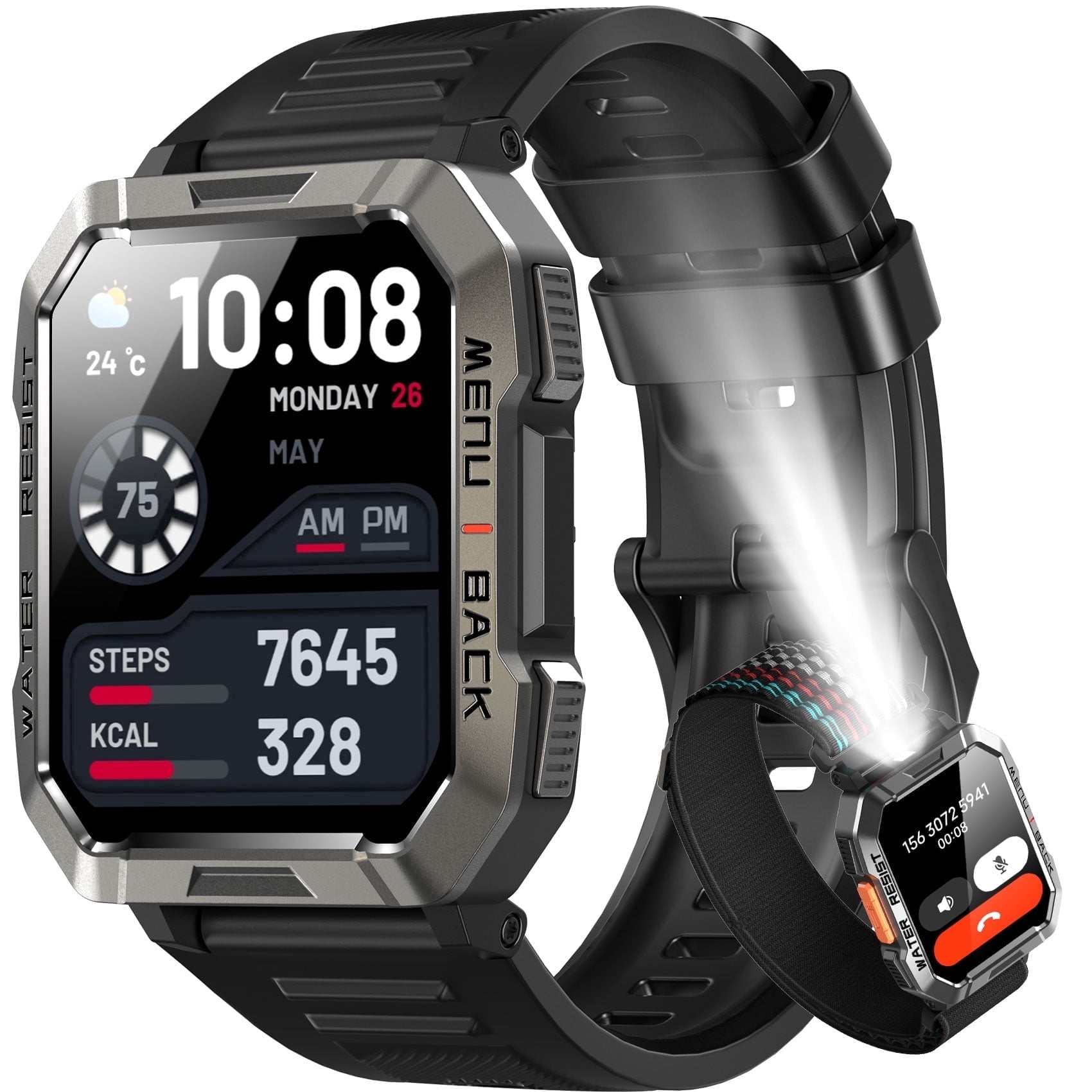 IOWODO 2.01-inch Military Smartwatch for Men with Fitness Tracker, Answer/Make Calls/100+ Sport Modes, 1ATM Waterproof, Outdoor Sports Pedometer Watch fits with Android IPhone Devices (Black)
