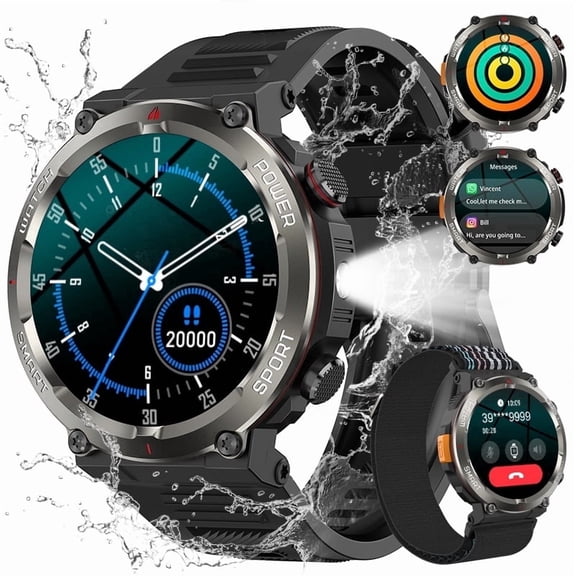 IOWODO Military Smart Watch for Men, 1.47" HD Smart Watches with Heart Rate/SpO2/Sleep Monitor, 110+ Sports Modes Fitness Tracker, 960mAH Battery Led Flashlight Outdoor Smartwatch for iOS Android